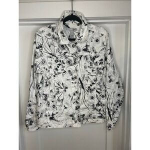 Chicos Platinum White Black Abstract Butterfly Print Denim Jacket Metallic 2